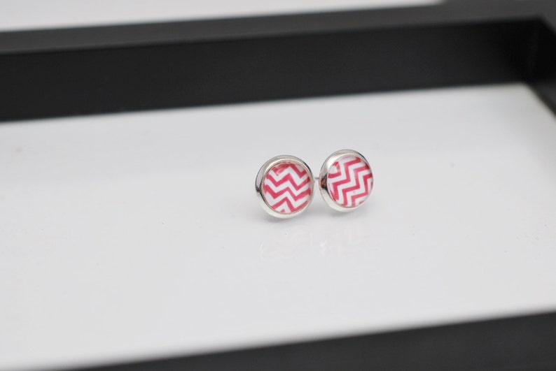 Red Stud Earrings Small Stud Earrings Glass Stud Earrings Chevron Stud Earrings 8mm Stud Earrings Silver Studs Red Chevron Earrings