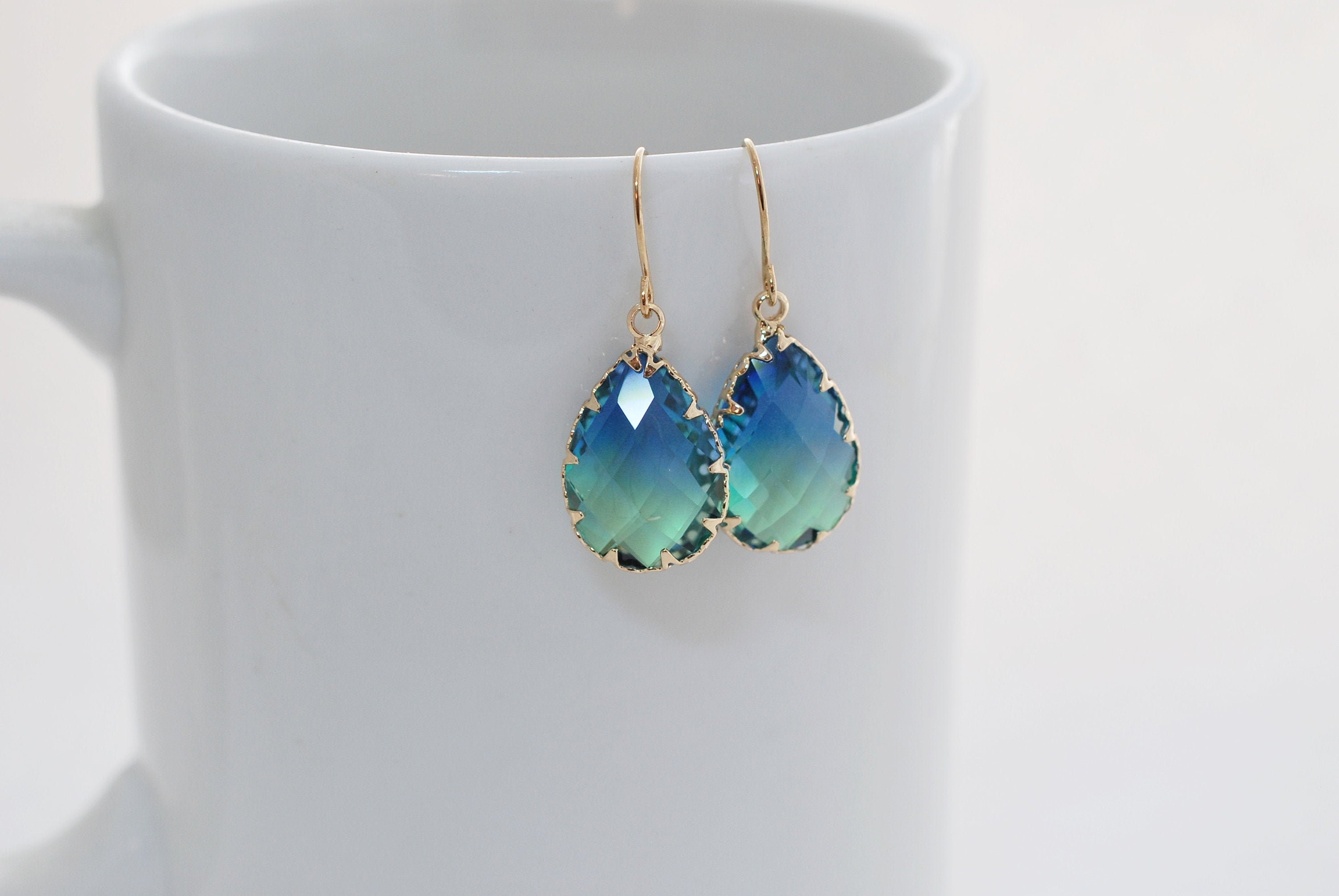 Blue and Green Ombre Glass Earrings, Light Gold Drop Earrings, Glass Teardrop Dangle Earrings, Earrings for Women, Jewelry Gifts for Women