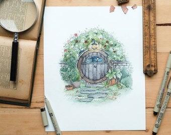 Puerta de Hobbit en violeta / Acuarela. El Señor de los Anillos. Hobbit. Decoración de jardín. Estilo cabaña. Puerta redonda. Arte fantástico.