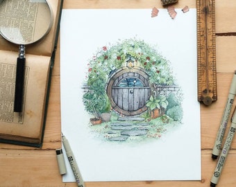 Hobbit Door in Violet | Watercolor Painting. Lord of the Rings. Hobbit. Garden Decor. Cottage Core. Round Door. Fantasy Art.