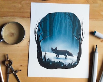 Spirit Fox | Woodland Decor. Fox Art. Mystical Dark Forest. Nature Decor. Fox Illustration. Fox Decor. Animal Art. Woodland Animal Art.