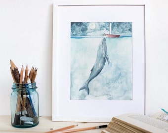 Heart of the Sea | Watercolor Painting. Whale and Girl.  Whale Art Print. Whale Painting. Whale Art. Beach Decor. Sealife. Nautical art.