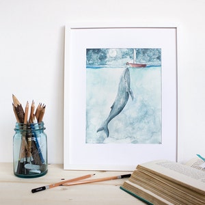 Heart of the Sea | Watercolor Painting. Whale and Girl.  Whale Art Print. Whale Painting. Whale Art. Beach Decor. Sealife. Nautical art.