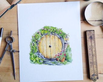 Hobbit Door in Yellow | Watercolor Painting. Lord of the Rings. Hobbit. Garden Decor. Round Door. Fantasy Art.