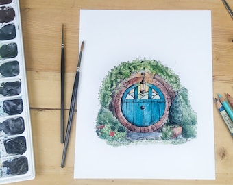 Puerta hobbit en pintura turquesa / acuarela. El Señor de los Anillos. Hobbit. Decoración del jardín. Puerta redonda. Arte Fantástico. Hobbiton inspirado.