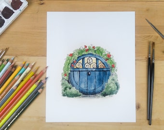 Puerta de Hobbit en azul / Acuarela. El Señor de los Anillos. Hobbit. Decoración de jardín. Puerta redonda. Arte fantástico. Cottage Core.