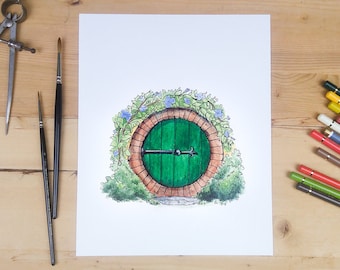Puerta de Hobbit en verde / Acuarela. El Señor de los Anillos. Hobbit. Decoración de jardín. Puerta redonda. Arte fantástico. Estilo cabaña. Puerta redonda.