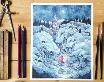 The Forgotten Road | Watercolor Painting. Fairytale Art. Beauty and the Beast. Fantasy Art. Forest Painting. Fairy. Woods. Castle.