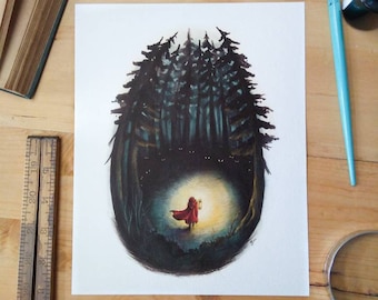 Bait | Ink Illustration. Woodland Decor. Mystical Dark Forest. Nature Decor. Fairytale Decor. Wolf Art. Woodland Art. Red Riding hood.