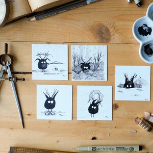 Franklin Mini Prints, Set 1 Ink Illustration. Monster. Woodland Sprite. Kids Decor. Monster art. Whimsical. Pen and Ink. Fantasy Art. image 2