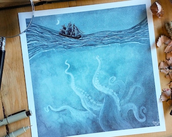 Kraken mata / Acuarela. Monstruo marino. Arte del Kraken. Arte del Viejo Mundo. Decoración de playa. Arte náutico. Arte del pulpo. Arte pirata.