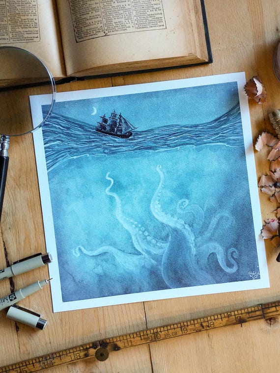 Kraken Kills | Watercolor Painting. Sea Monster. Kraken Art. Old World Art. Ocean Beach Decor. Nautical Art. Octopus Art. Pirate Art.