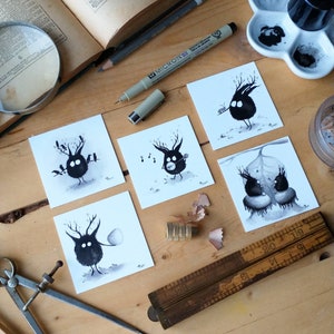 Franklin-miniprints, set 2 | Inktillustratie. Monster. Bossprite. Kinderdecoratie. Monsterkunst. Grillig. Pen en inkt. Fantasiekunst.