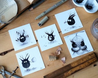 Mini impresiones de Franklin, Set 2 / Ilustración en tinta. Monstruo. Duende del bosque. Decoración infantil. Arte de monstruos. Fantasía. Pluma y tinta. Arte fantástico.