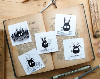 Mini impresiones de Franklin, Set 3/ Ilustración a tinta. Monstruo. Duende del bosque. Decoración infantil. Arte de monstruos. Fantasía. Pluma y tinta. Arte fantástico.