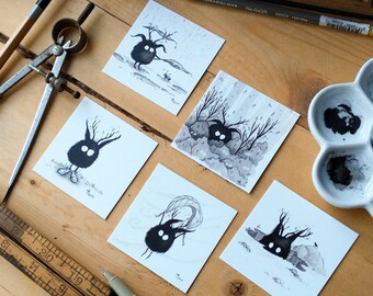 Franklin Mini Prints, Set 1 | Ink Illustration. Monster. Woodland Sprite. Kids Decor. Monster art. Whimsical. Pen and Ink. Fantasy Art.