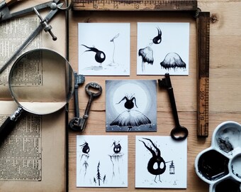 Mini impresiones de Franklin, Set 5 / Ilustración en tinta. Monstruo. Duende del bosque. Decoración infantil. Arte de monstruos. Fantasía. Pluma y tinta. Arte fantástico.