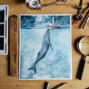 Heart of the Sea | Watercolor Painting. Whale and Girl.  Whale Art Print. Whale Painting. Whale Art. Beach Decor. Sealife. Nautical art.