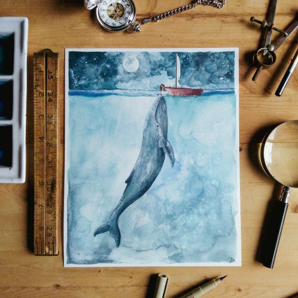 Coração do Mar | Pintura em aquarela. Baleia e menina. Impressão artística de baleia. Pintura de baleia. Arte de baleia. Decoração de praia. Vida marinha. Arte náutica.