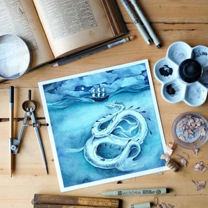 Sea Dragon Watercolor Painting. Cryptid Art. Dragon. Sea Monster Art. Dragon illustration. Nautical art. . Cryptozoology image 1