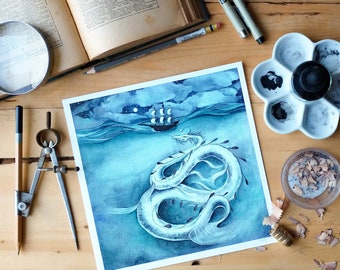 Sea Dragon | Watercolor Painting. Cryptid Art. Dragon. Sea Monster Art. Dragon illustration. Nautical art. . Cryptozoology