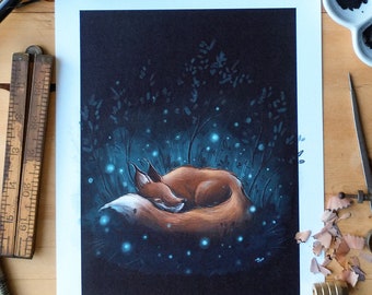 Sleepy Fox| Illustration. Woodland Decor. Mystical Dark Forest. Nature Decor. Fairytale Decor. Fox Art. Woodland Art. Forest Art.