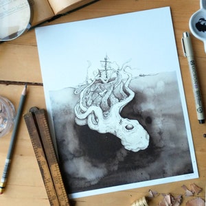 Skull Kraken Ink Illustration. Cryptid. Sea Monster. Nautical Decor. Ocean Decor. Pirate Decor. Sea Decor. Ship Art. image 1