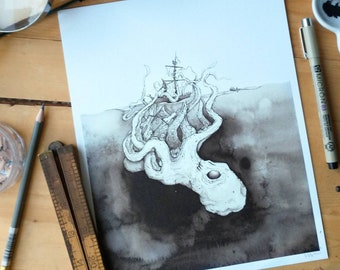 Skull Kraken | Ink Illustration. Cryptid. Sea Monster. Nautical Decor. Ocean Decor. Pirate Decor. Sea Decor. Ship Art.