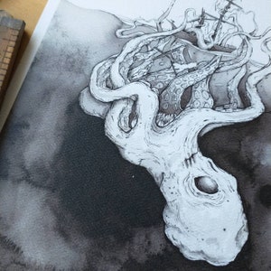 Skull Kraken Ink Illustration. Cryptid. Sea Monster. Nautical Decor. Ocean Decor. Pirate Decor. Sea Decor. Ship Art. image 3