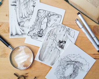Set 1 de postales de Inktober - Árboles / Ilustración en tinta. Bosque oscuro y místico. Arte arbóreo. Decoración forestal. Arte en tinta. Arte de bosque. Decoración de bosque.