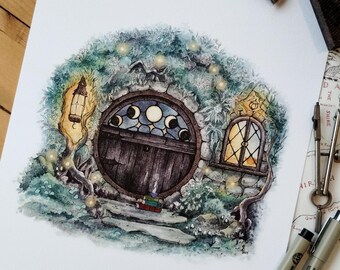 Puerta de Hobbit con fase lunar de medianoche / Acuarela. El Señor de los Anillos. Hobbit. Decoración de jardín. Puerta redonda. Arte fantástico.