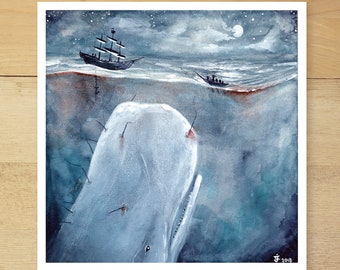 The Whalers | Watercolor Painting. Moby Dick Illustration. The White Whale. Whale Art. Moby Dick. Nautical Art. Maritime Art. Beach Decor.