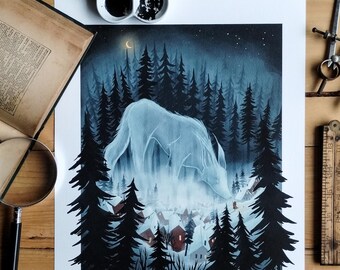 Lobo Espiritual / Ilustración. Arte escandinavo. Bosque Místico. Decoración natural. Decoración de cuentos de hadas. Arte de cuentos de hadas. Caperucita Roja.