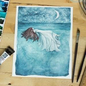 The Sea Will Hold You | Watercolor Painting. Ocean Watercolor. Beach Decor. Dreamscape Art. Whimsical Art. Nightsky. Ocean.