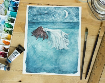 El mar te sostendrá / Acuarela. Acuarela oceánica. Decoración playera. Arte onírico. Arte caprichoso. Cielo nocturno. Océano.