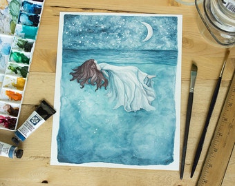 The Sea Will Hold You | Watercolor Painting. Ocean Watercolor. Beach Decor. Dreamscape Art. Whimsical Art. Nightsky. Ocean.