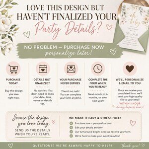 May include: An informational graphic for a baby shower invitation service. The text reads: LOVE THIS DESIGN BUT HAVEN'T FINALIZED YOUR PARTY DETAILS? NO PROBLEM - PURCHASE NOW personalize later! It includes icons for purchasing, forms, and email delivery.