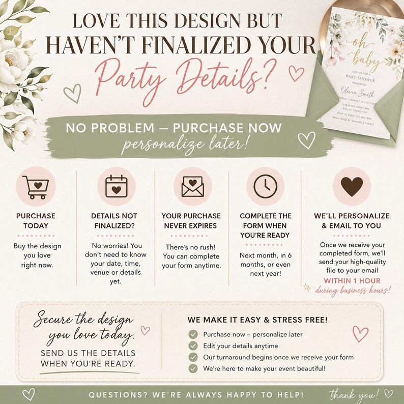 May include: An informational graphic for a baby shower invitation service. The text reads: LOVE THIS DESIGN BUT HAVEN'T FINALIZED YOUR PARTY DETAILS? NO PROBLEM - PURCHASE NOW personalize later! It includes icons for purchasing, forms, and email delivery.