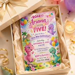 May include: A rectangular birthday invitation card featuring a colorful dinosaur theme with pink and green cartoon dinosaurs, balloons, and text reading ROAR! Ariana is Turning FIVE! Join Us for a Dino-Mite Celebration! Saturday, September 12, 2026.