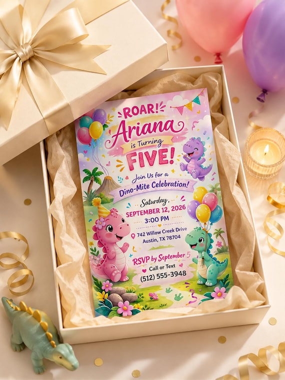 Pink dinosaur birthday invitation | Dinosaur invitation | Dinosaur invite | Dino birthday invite | Girl dino party  Kids birthday invitation