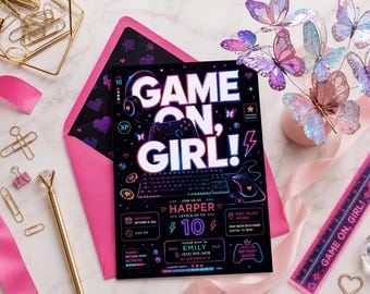Game On Girl Birthday Invitation, Neon Gaming Girl Birthday Invite, Gamer Girl Party Invitation, Video Game Birthday Invite, Girls Birthday