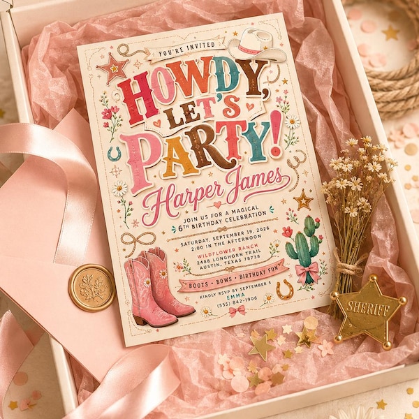 Howdy Let's Party Birthday Invitation, Cowgirl Birthday Invite, Pink Cowboy Birthday, Rodeo Invite, Kids Birthday Invitation Girl, Western