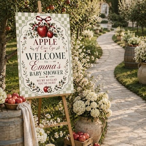 May include: A rectangular welcome sign for a baby shower featuring a light green and white checkered border. The center displays red apples, white flowers, a red ribbon, and the text: APPLE of Our Eye WELCOME TO Emma's BABY SHOWER WE'RE SO GLAD YOU'RE HERE!