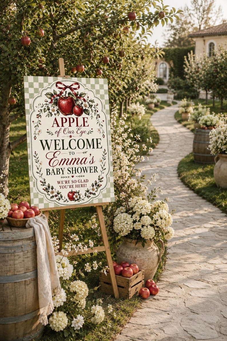 May include: A rectangular welcome sign for a baby shower featuring a light green and white checkered border. The center displays red apples, white flowers, a red ribbon, and the text: APPLE of Our Eye WELCOME TO Emma's BABY SHOWER WE'RE SO GLAD YOU'RE HERE!