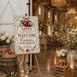 May include: A rectangular welcome sign for a baby shower featuring a light green and white checkered pattern. The sign displays the text "APPLE of Our Eye WELCOME TO Emma's BABY SHOWER WE'RE SO GLAD YOU'RE HERE!" with red apple and floral illustrations.