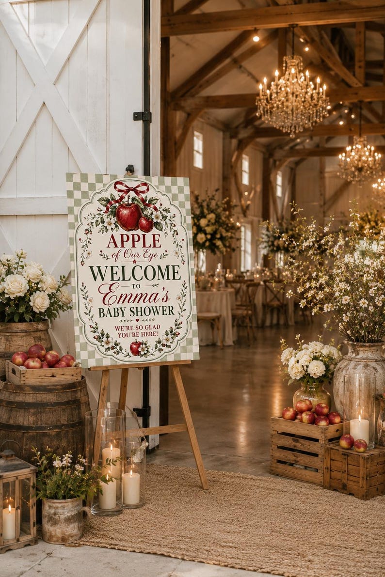 May include: A rectangular welcome sign for a baby shower featuring a light green and white checkered pattern. The sign displays the text "APPLE of Our Eye WELCOME TO Emma's BABY SHOWER WE'RE SO GLAD YOU'RE HERE!" with red apple and floral illustrations.