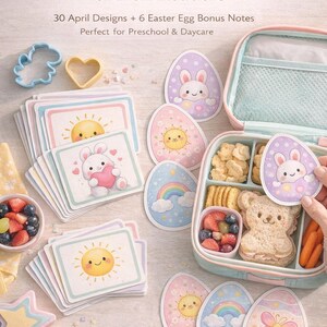 May include: A collection of colorful lunch notes and Easter egg-shaped cards with cute illustrations of bunnies, suns, and rainbows. The text reads "April Lunch Notes for Non Readers". A lunchbox with snacks and a bear-shaped sandwich is also visible.