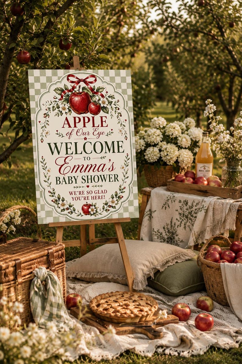 May include: A rectangular welcome sign for a baby shower featuring a light green checkered background, red apples, white flowers, and a red ribbon. The text reads: APPLE of Our Eye WELCOME TO Emma's BABY SHOWER WE'RE SO GLAD YOU'RE HERE!