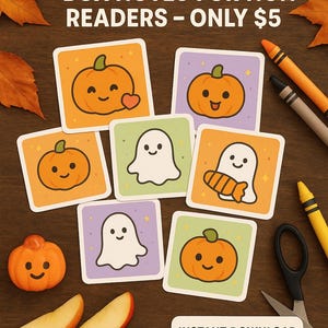 May include: A collection of Halloween-themed lunch box notes for non-readers. The notes feature cute pumpkin and ghost illustrations on colorful square cards. The image includes crayons, scissors, and apple slices, suggesting a fun, kid-friendly theme.