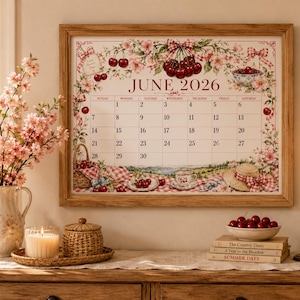 Op de afbeelding: Een ingelijste kalender voor juni 2026 met een kersen- en bloemenontwerp. Een vaas met roze bloemen, een brandende kaars en een kom met kersen staan op een houten tafel. De kalender is omgeven door een houten lijst.